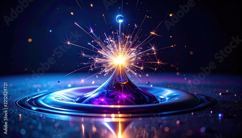 Blue liquid droplet splashing with bright sparkler effect.