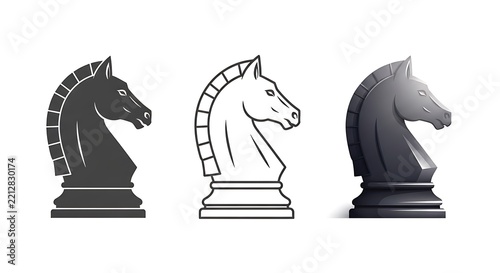 Three different styles of black chess knight pieces on white background