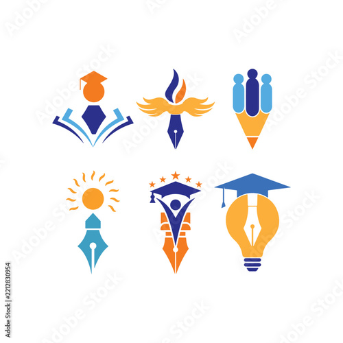Bright, symbolic vector icons representing education, wisdom, convocation, and teamwork