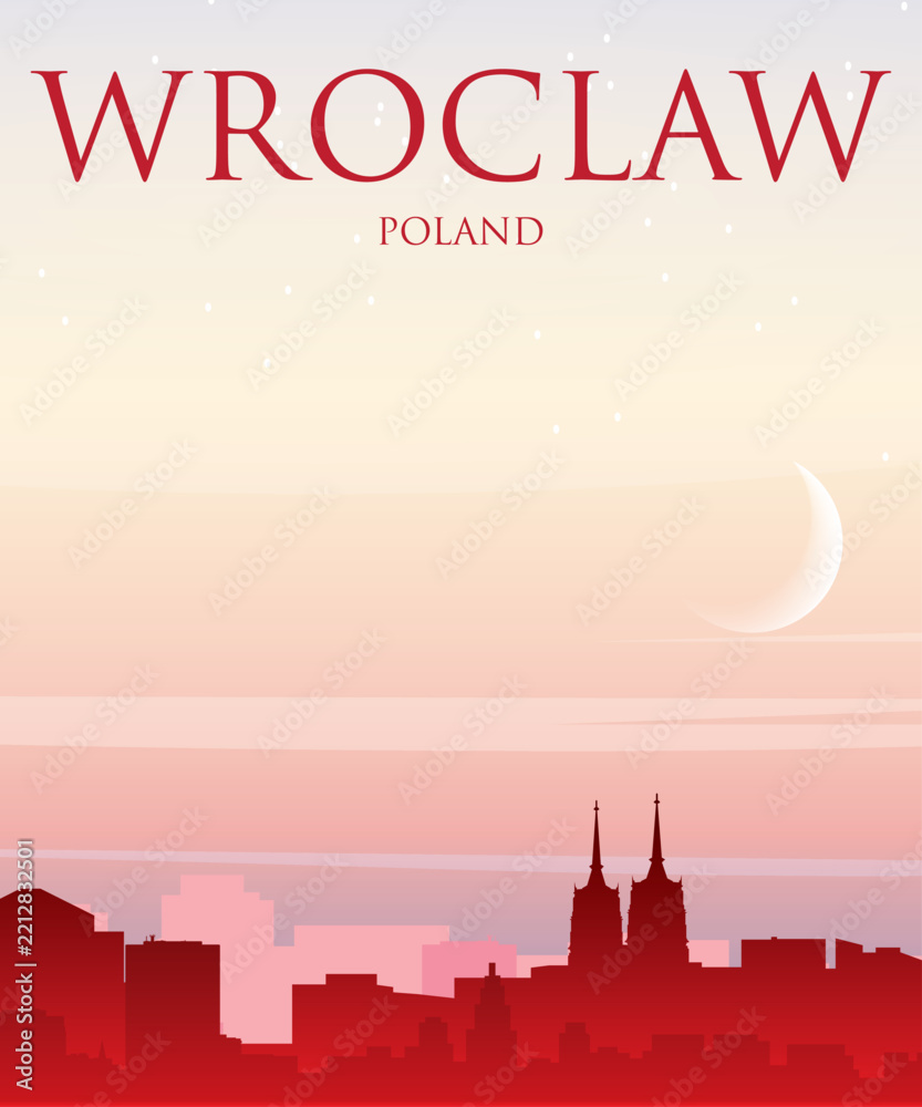 Fototapeta premium Red portrait orientated panoramic poster of the city skyline with misty background buildings, sunrise, moon and clouds of WROCLAW, POLAND