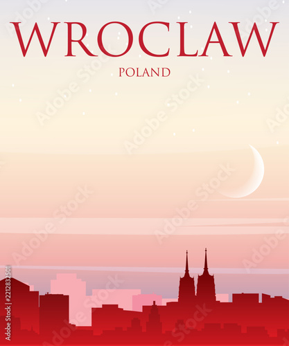 Red portrait orientated panoramic poster of the city skyline with misty background buildings, sunrise, moon and clouds of WROCLAW, POLAND