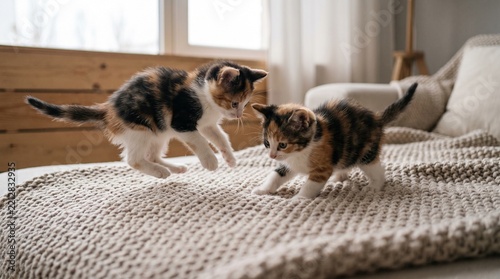 Kittens playing on a bed