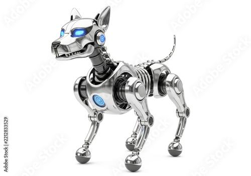 Futuristic silver metal robotic dog with glowing blue eyes