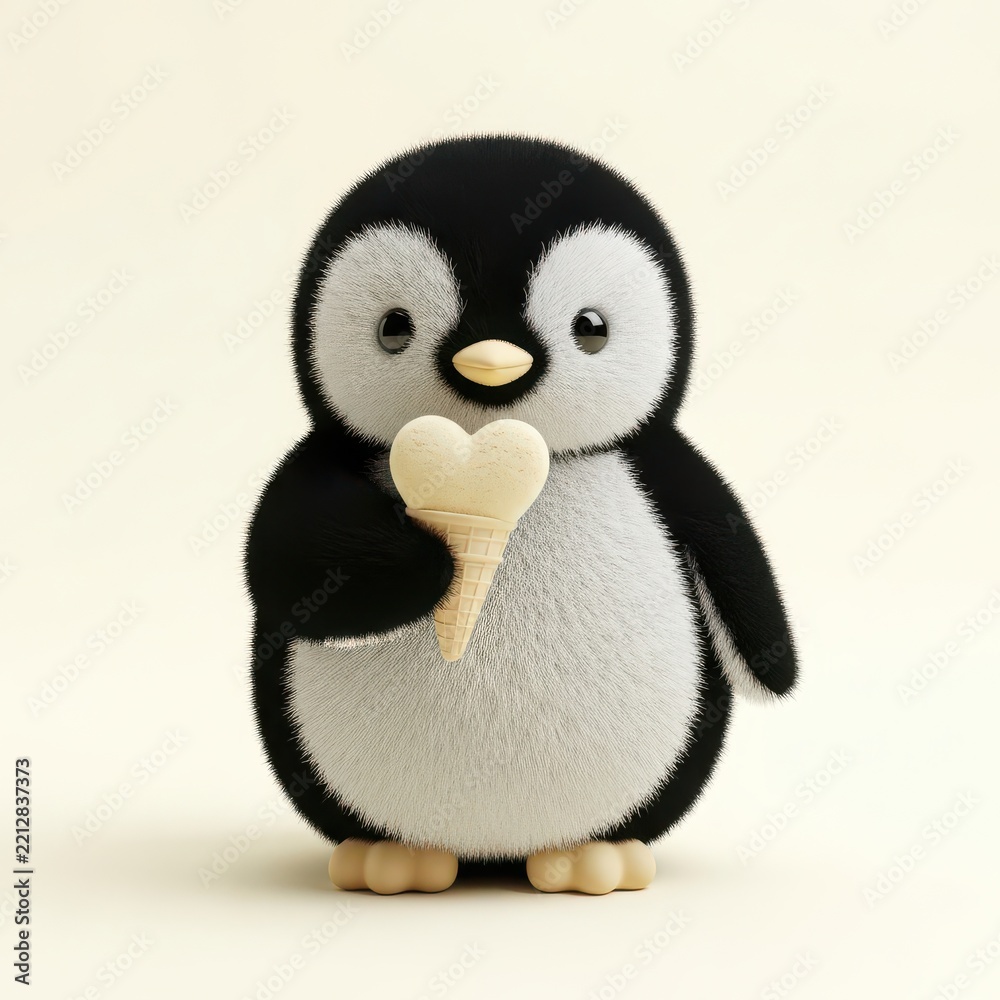 Fototapeta premium Cute fluffy penguin holding heart ice cream 3D render