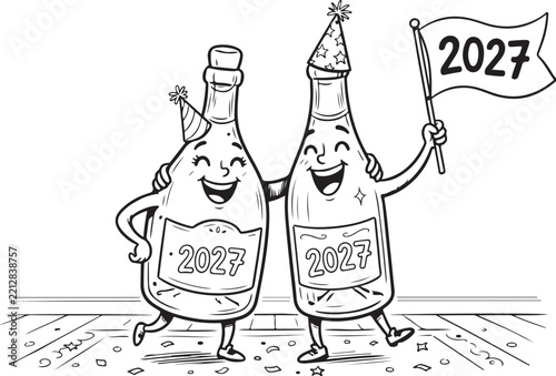 Happy New Year 2027 celebration coloring page with cheerful cartoon sparkling champagne bottles, festive party balloons, confetti, stars, fireworks and joyful hand drawn doodle elements in black and w