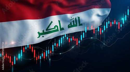 Iraqi flag displayed with stock market chart growth overlay for