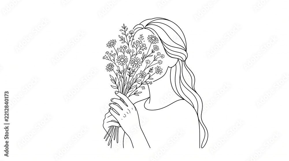 Fototapeta premium Minimalist line art drawing of elegant woman holding delicate wildflowers hiding her face