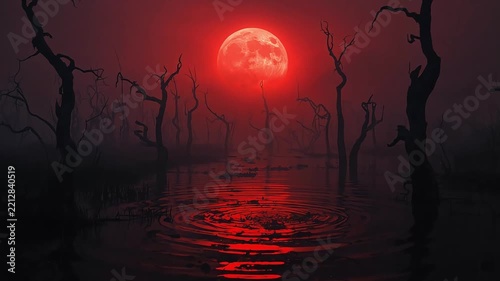 Spooky blood moon illuminating dark swamp with dead trees in eerie night video footage
