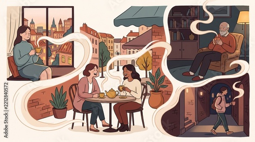 Diverse people connected by a shared tea drinking ritual across quiet city scenes, warm editorial illustration for mindfulness, lifestyle, and community concepts