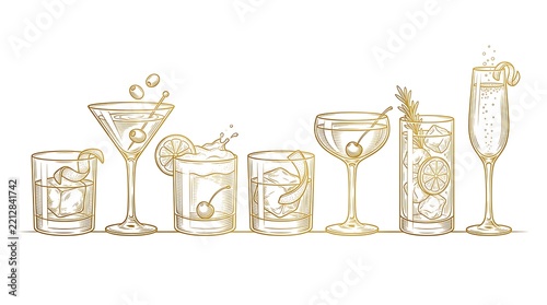 Cocktails collection vintage sketch illustration set with various alcoholic beverages drinks and glassware