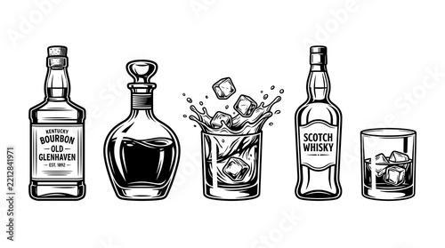 Whiskey bottles and glass with ice cubes vector set in vintage engraved style for bar menu design