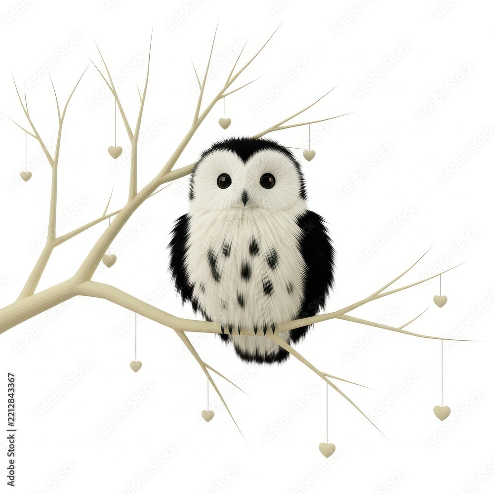 Obraz premium Cute fluffy owl sitting on branch with hanging hearts