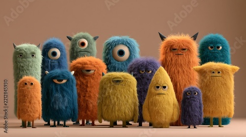 Colorful Furry Monster Group with Big Eyes on Minimal Background