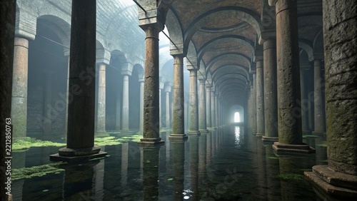 Ancient underground water cistern with stone columns