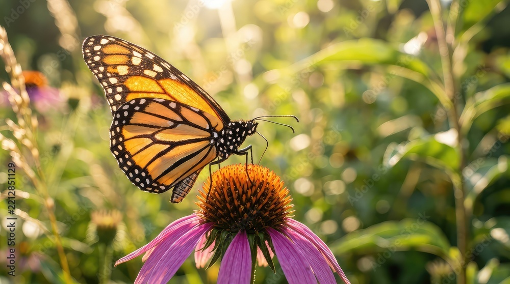 Obraz premium A close-up shot of sunlight streaming through the delicate, spotted wings of a butterfly resting on a wildflower in a natural garden, plant, wings, intricate