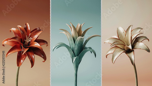 Three vertical panels featuring single stylized ceramic lily flowers in red, teal, and metallic gold