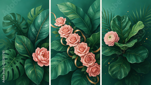 Three vertical panels with tropical leaves and pink roses accented by golden ribbons on green