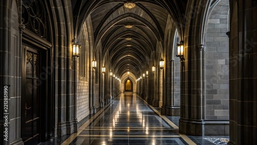 Gothic architectural hallway with vaulted arches