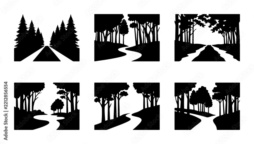 Fototapeta premium Forest path silhouettes set with trees and winding roads for nature logos and travel graphics