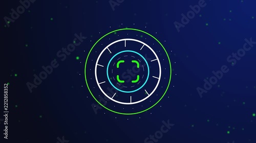 Futuristic Green Targeting Scanner with Circular HUD Gauge, Neon Rings, Glowing Particles, and Sleek Digital Technology Background