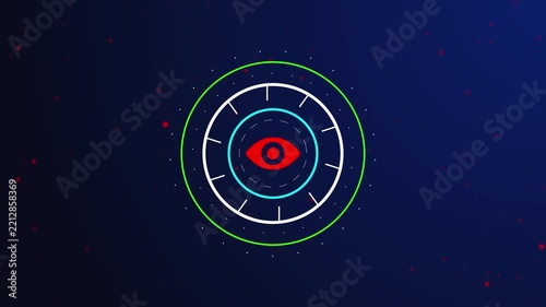 Futuristic Red Eye Surveillance Symbol with Circular HUD Gauge, Neon Rings, Glowing Particles, and Dark Blue Digital Technology Background
