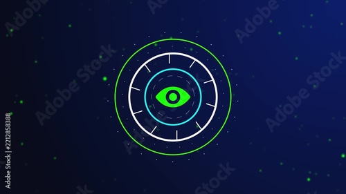 Futuristic Green Eye Monitoring Symbol with Circular HUD Gauge, Neon Rings, Glowing Particles, and Dark Blue Digital Technology Background