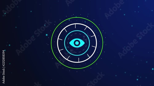 Futuristic Cyan Eye Surveillance Symbol with Circular HUD Gauge, Neon Rings, Glowing Particles, and Dark Blue Digital Technology Background