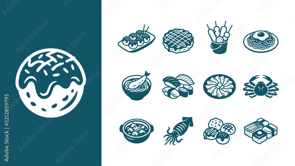 Fototapeta premium Collection of minimalist Japanese street food and traditional cuisine icons featuring takoyaki, sushi, ramen, okonomiyaki, and grilled seafood in a flat vector graphic style.