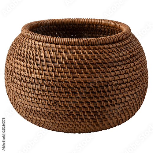 Round woven wicker basket isolated on a transparent background