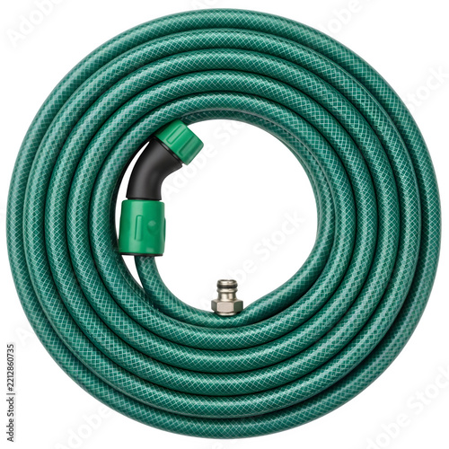 Coiled green garden hose with connector isolated on transparent background