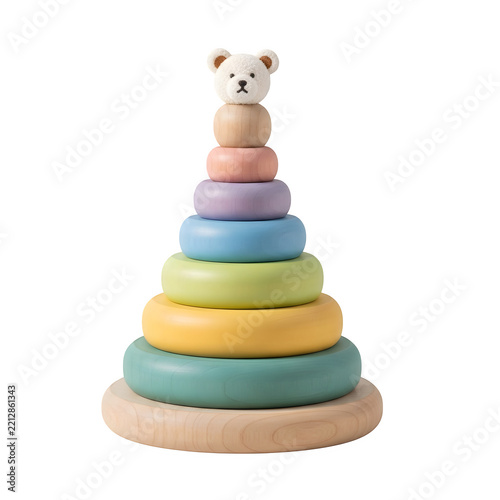 Wooden stacking ring toy with a bear topper isolated on white background