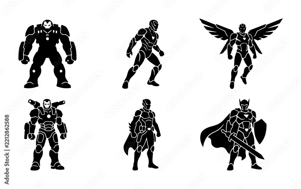 Fototapeta premium Superhero silhouettes set with armored figures, winged hero and knight with sword and shield for comic and gaming logos
