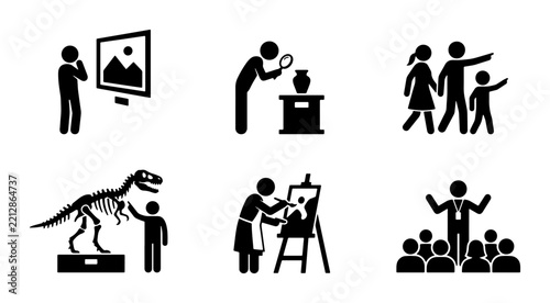 Museum visit set with art, dinosaur, family and artist icons for culture and education