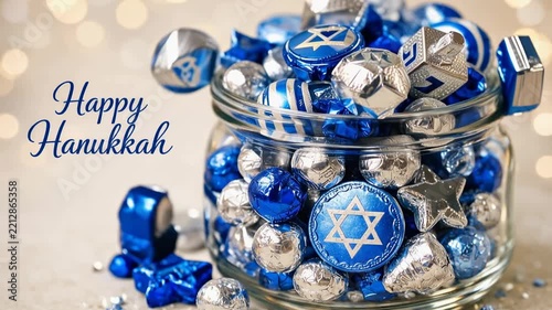 Glass jar filled with blue and silver hanukkah chocolate candies and dreidels beside 