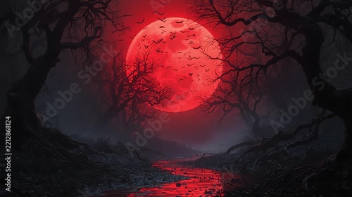 Spooky dark forest with bare trees and swarming bats flying under giant glowing red moon background video footage