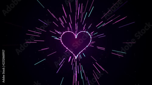 Neon heart glowing with vibrant pink and purple energy rays in dark outer space background.