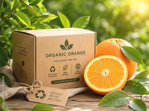 Organic orange fruit with eco friendly cardboard packaging box and recycle tag on wooden table