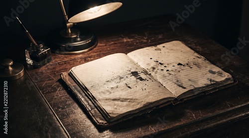 Open vintage diary with stained yellowed pages on a dark wooden desk illuminated by soft lamp light