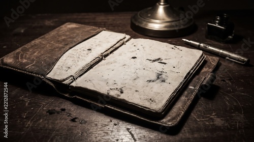 Open vintage leather notebook with blank handmade paper pages on dark rustic wooden desk in moody lighting