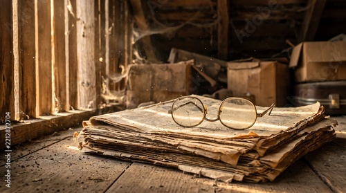 Vintage round eyeglasses resting on a stack of old dusty newspapers inside a dark atmospheric wooden attic