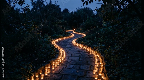 Winding stone garden path illuminated by glowing candles with warm golden light in peaceful dark blue twilight environment