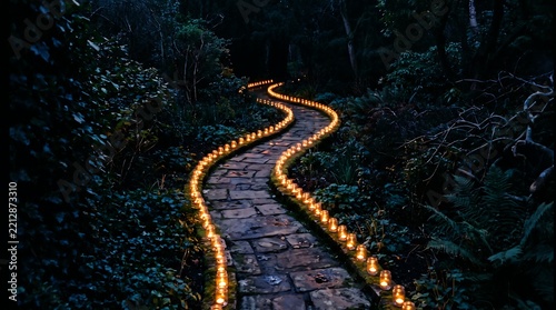 Winding cobblestone path illuminated by glowing lanterns in a dark mysterious forest with warm ambient light