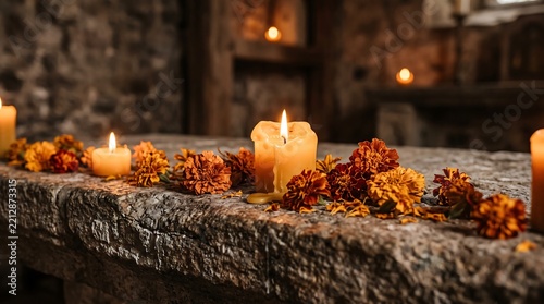 Burning pillar candles with autumn pine cones on a rough stone table creating a warm cozy atmosphere