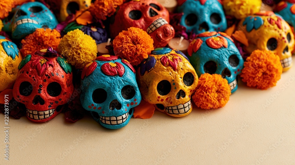Fototapeta premium Colorful sugar skulls and marigold flowers arranged for Day of the Dead celebration