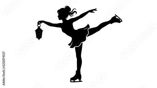 Figure Skater Silhouette with Lantern: A graceful female figure skater is depicted in a dramatic silhouette, executing a pose on the ice while holding a vintage lantern.