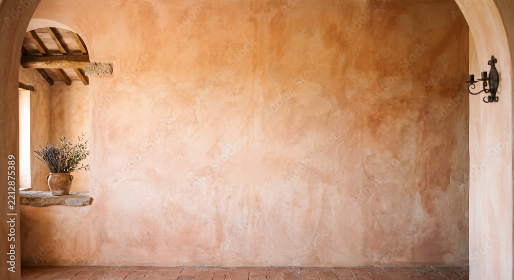 Fototapeta premium Rustic Tuscan Terracotta Plaster Wall Interior with Stone Arch and Copy Space