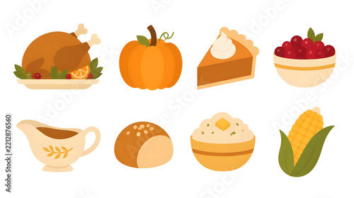 Thanksgiving icons set roasted turkey pumpkin pie slice cranberry bowl gravy boat bread roll mashed potatoes corn abstract