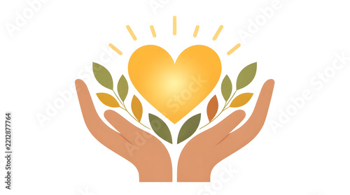 Two hands holding glowing yellow heart surrounded by green orange leaves symbolizing care or support flat vector illustration of open hands holdi