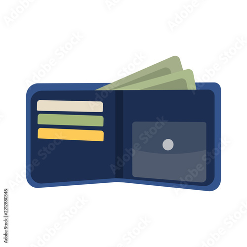 Open Navy Blue Leather Wallet with Cash Money Vector Illustration, Men Payment Purse Clipart, Credit Cards and Bank Notes Wallet Graphic