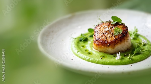 Pan seared golden sea scallop served on vibrant green sweet pea puree